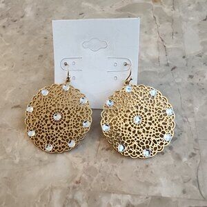 Dangle Earrings with Gold Tone Filigree Disks and Clear Crystals